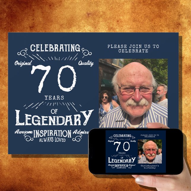 Legend 70th Birthday Photo Blue Vintage Invitation (Creator Uploaded)