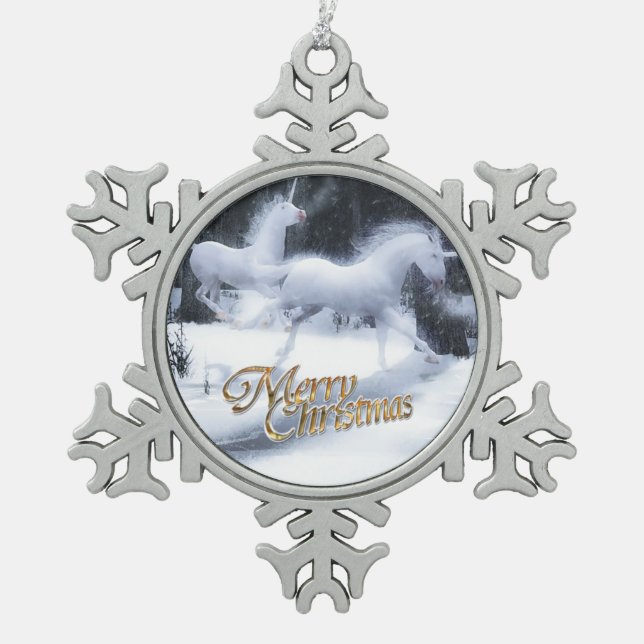 Legend of the Unicorns Snowflake Pewter Christmas Ornament (Front)