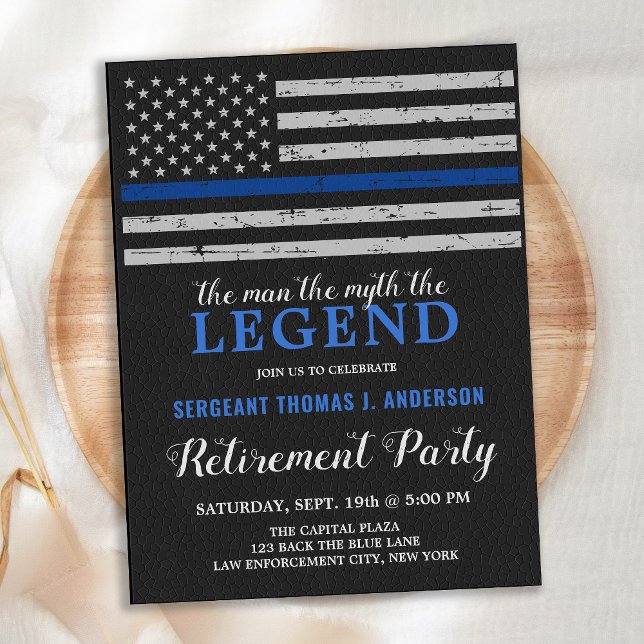 Legend Police Retirement Party Thin Blue Line Flag Invitation Postcard (Creator Uploaded)