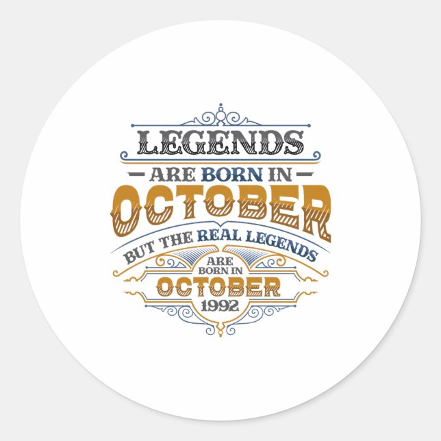 Legends Are Born In October 1992 Womens Birthday C Classic Round Sticker (Front)