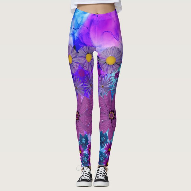 Legging Mosaic Kaleidoscope Flower Blue and Purple (Front)