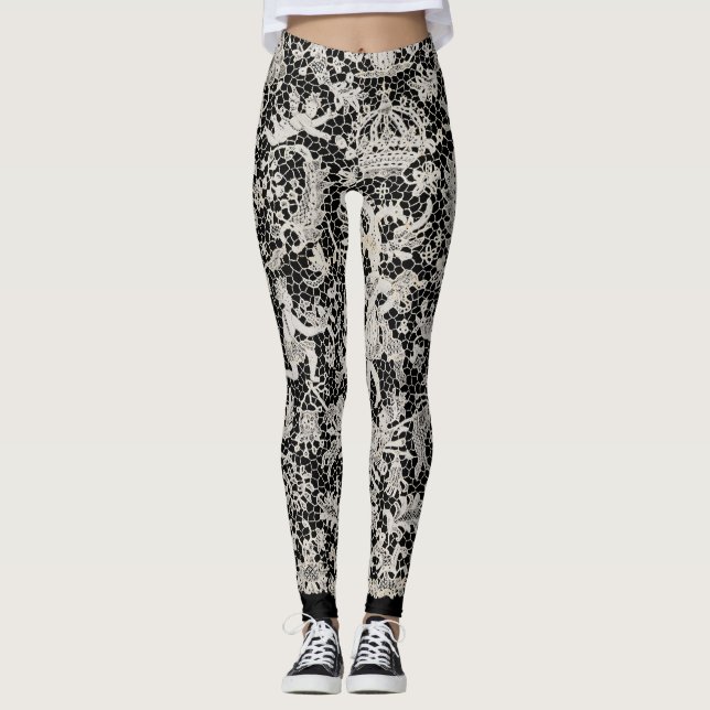 LEGGINGS ANTIQUE LACE PATTERN BLACK (Front)