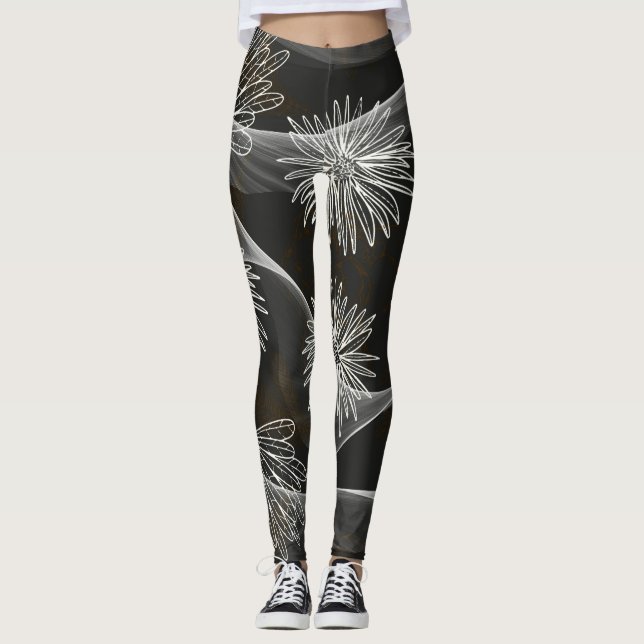Leggings Dark with Big White Flowers & Swirls (Front)