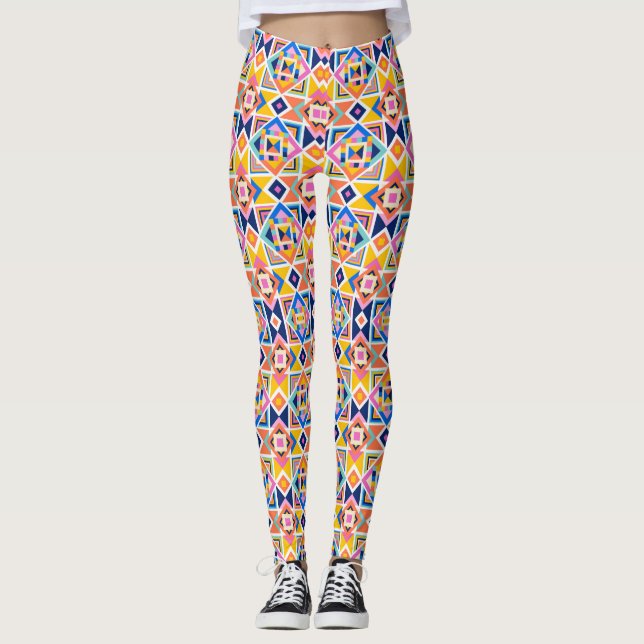 Leggings featuring a vibrant geometric pattern (Front)