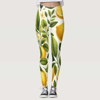 Leggings - Lemons, Green Leaves, Flowers