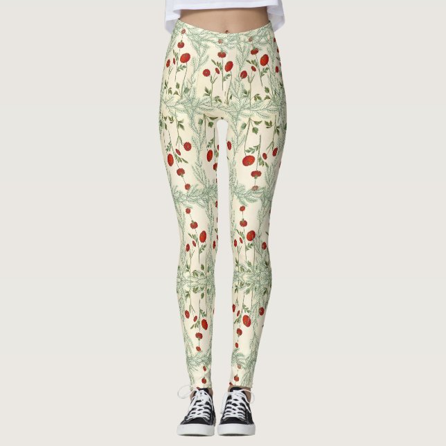 Leggings red flower and pine leaves Japanese style (Front)