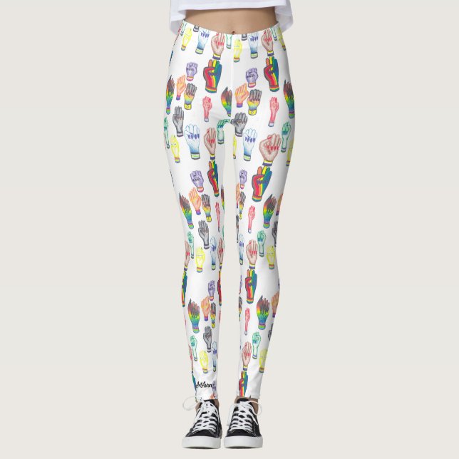 Leggings with rainbow fists. (Front)