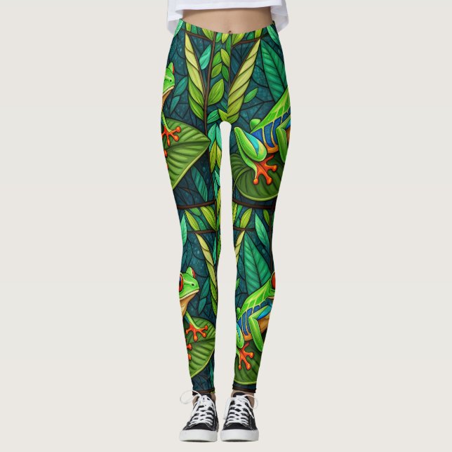 Leggings with vibrant green leaves and colorful  (Front)