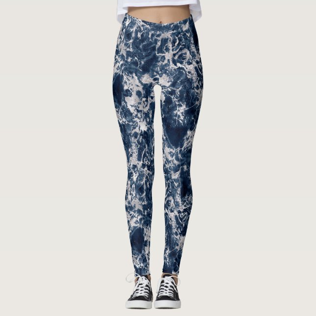 Leggings Women - Blue and Silver Marble Pattern (Front)