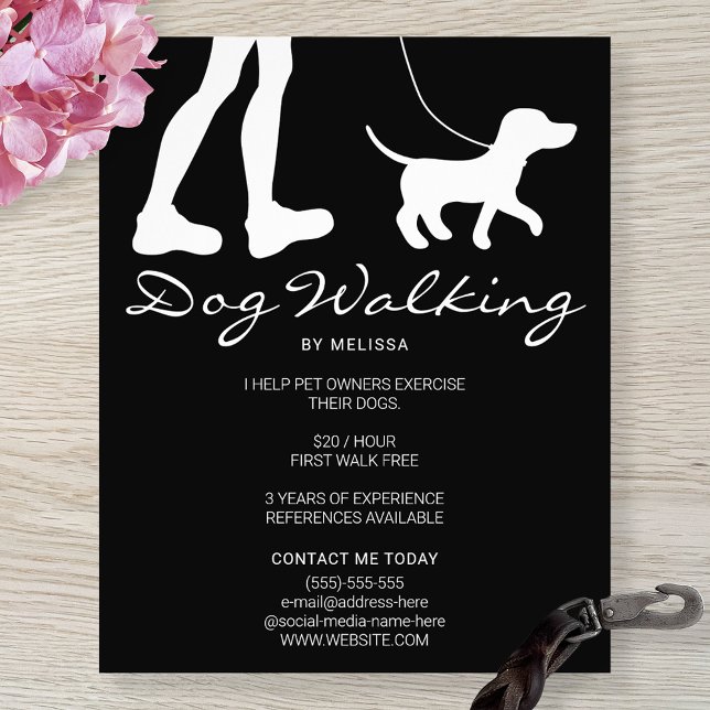Legs & Dog Silhouette On Black Dog Walker Business Flyer (Creator Uploaded)