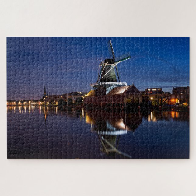 Leidschendam windmill with reflection at night jigsaw puzzle (Horizontal)