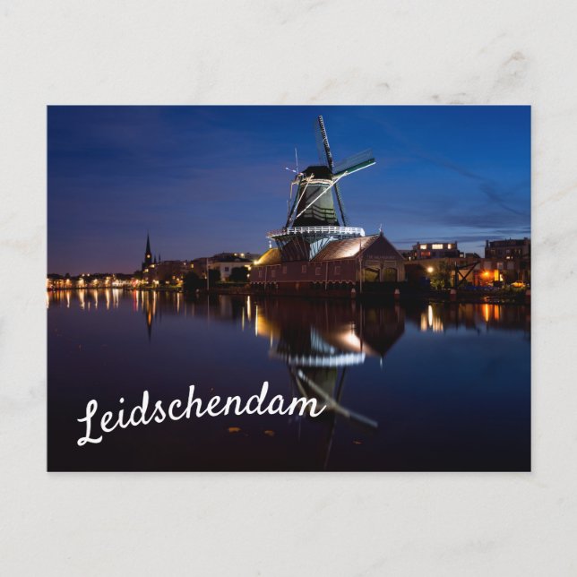 Leidschendam windmill with reflection at night postcard (Front)
