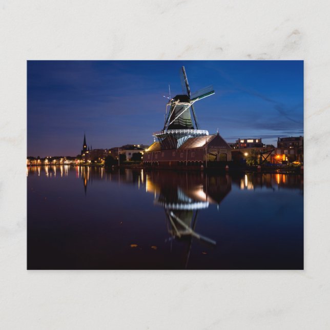 Leidschendam windmill with reflection at night postcard (Front)