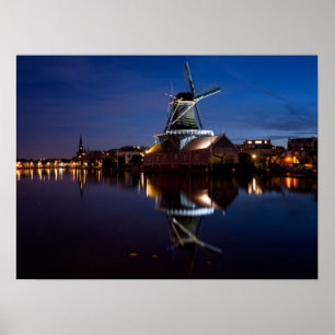 Leidschendam windmill with reflection at night poster
