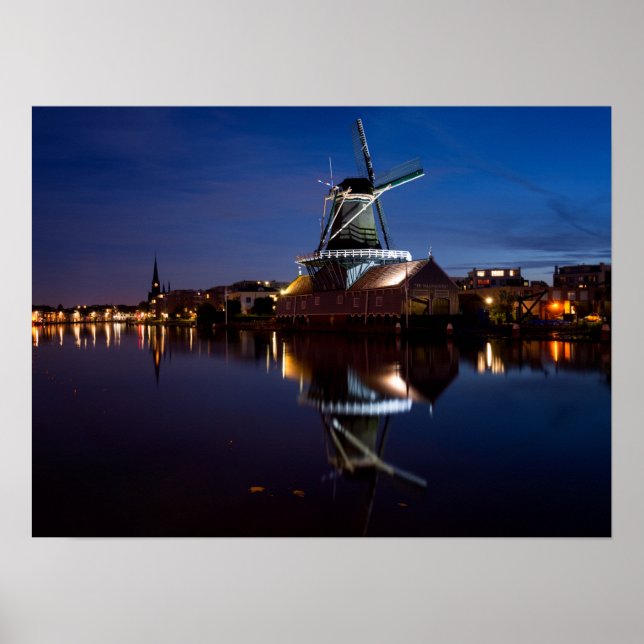 Leidschendam windmill with reflection at night poster (Front)