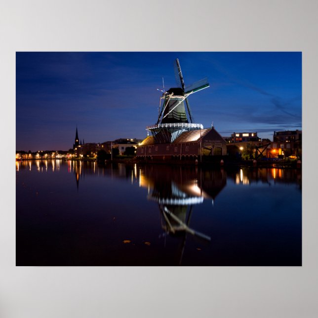Leidschendam windmill with reflection at night poster (Front)