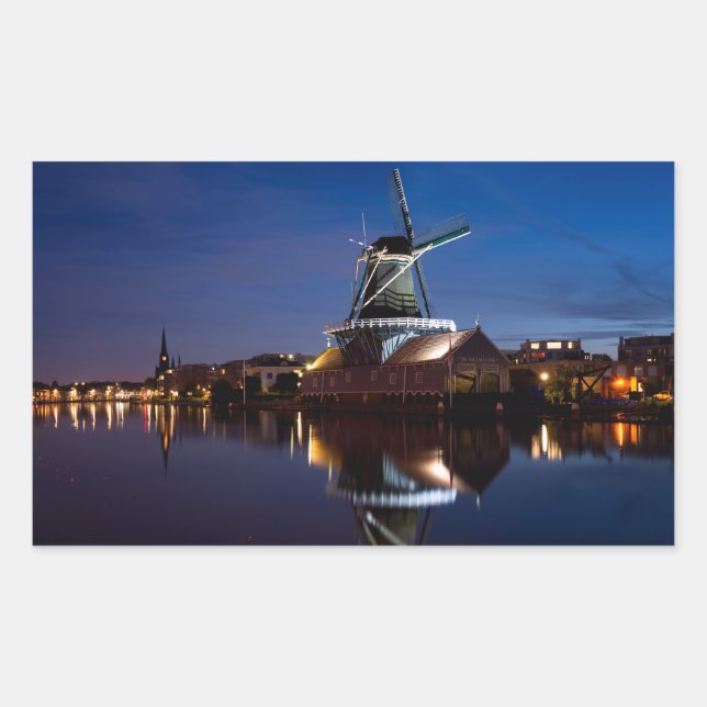 Leidschendam windmill with reflection at night rectangular sticker (Front)