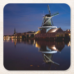 Leidschendam windmill with reflection at night square paper coaster