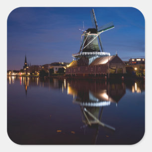 Leidschendam windmill with reflection at night square sticker