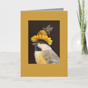 Leila the chickadee with bee and flower hat card