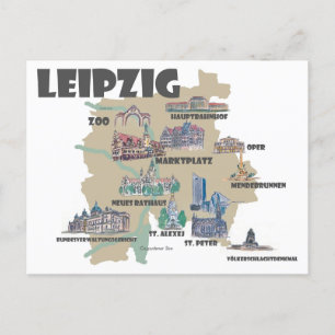 Leipzig Germany - Retro Map with Attractions  Postcard