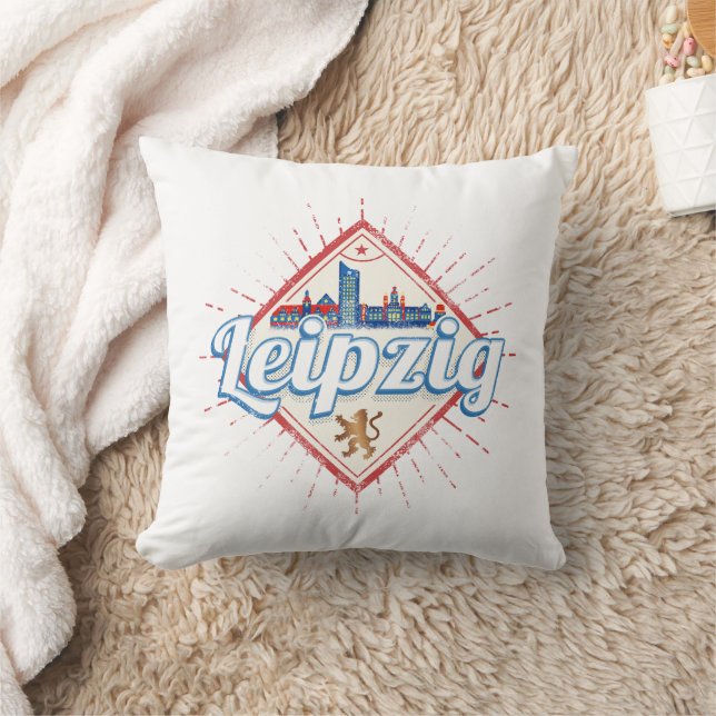 Leipzig Germany Saxony Retro Skyline Vintage Cushion (Blanket)