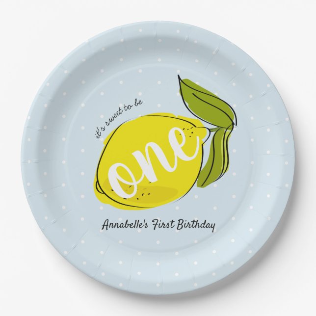 Lemon 1st Birthday Light Blue Paper Plate (Front)