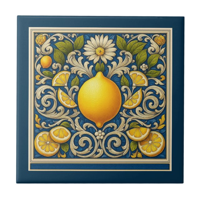 Lemon Almafi Blue Mediterranean Art Nouveau Ceramic Tile (Front)