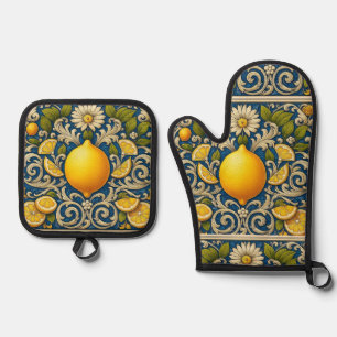 Lemon Amalfi Blue Mediterranean Art Nouveau Oven Mitt & Pot Holder Set