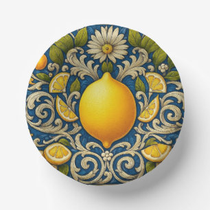Lemon Amalfi Blue Mediterranean Art Nouveau Paper Plate