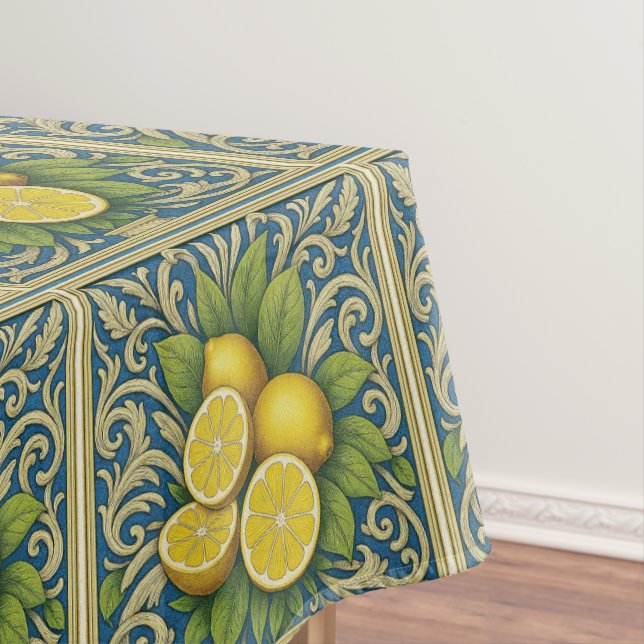 Lemon Amalfi Blue Mediterranean Art Nouveau Tablecloth (In Situ)