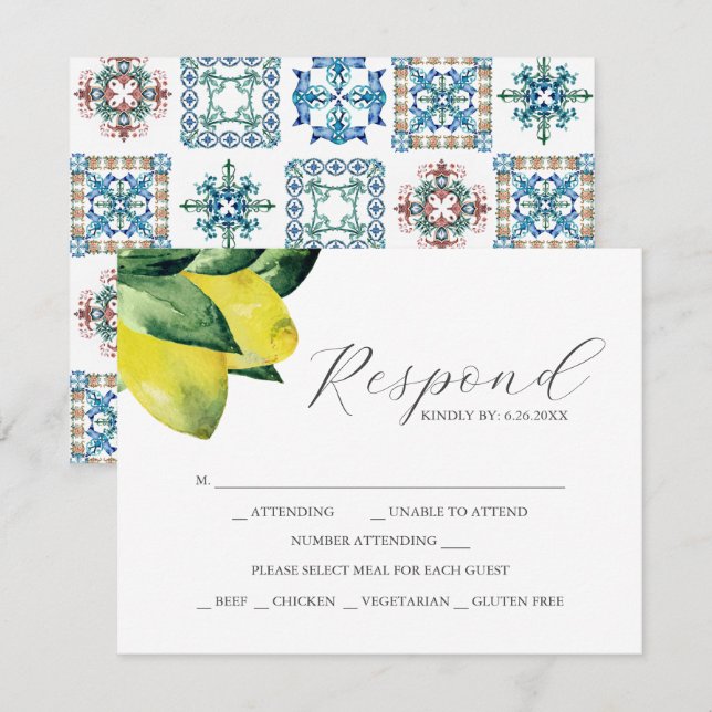Lemon Amalfi Tile RSVP Cards with Meal Choice  (Front/Back)