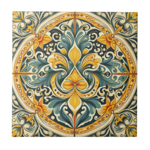 Lemon and Blue Azulejo Lisbon Patterned Talavera   Ceramic Tile