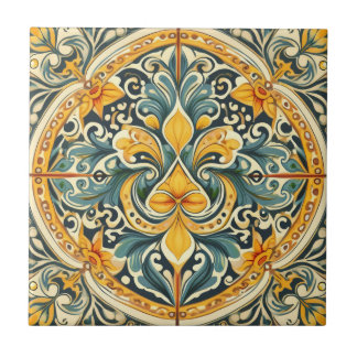 Lemon and Blue Azulejo Lisbon Patterned Talavera   Ceramic Tile
