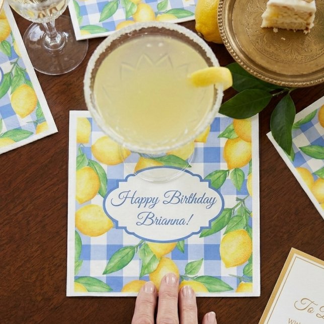 Lemon and Blue Gingham Birthday Napkin (Creator Uploaded)