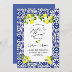 Lemon and blue mosaic watercolor graduation bran Invitation