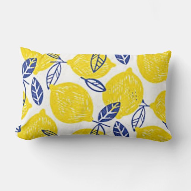 lemon and blue print throw pllow lumbar pillow (Front)
