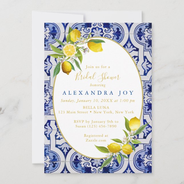 Lemon and Blue Spanish Tile Invitation (Front)