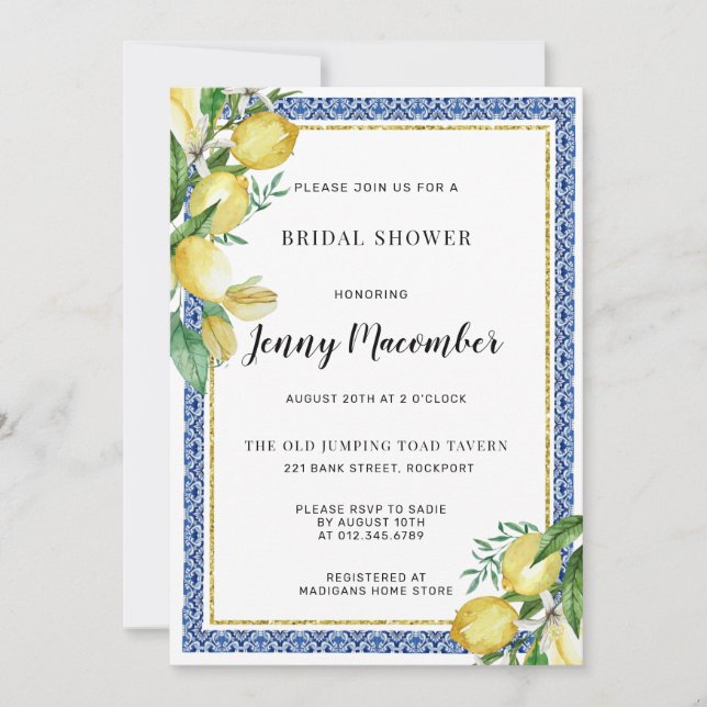 Lemon and Blue Tile Bridal Shower Invitation (Front)