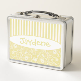 Lemon And Cream Flowers With Stripes Metal Lunch Box