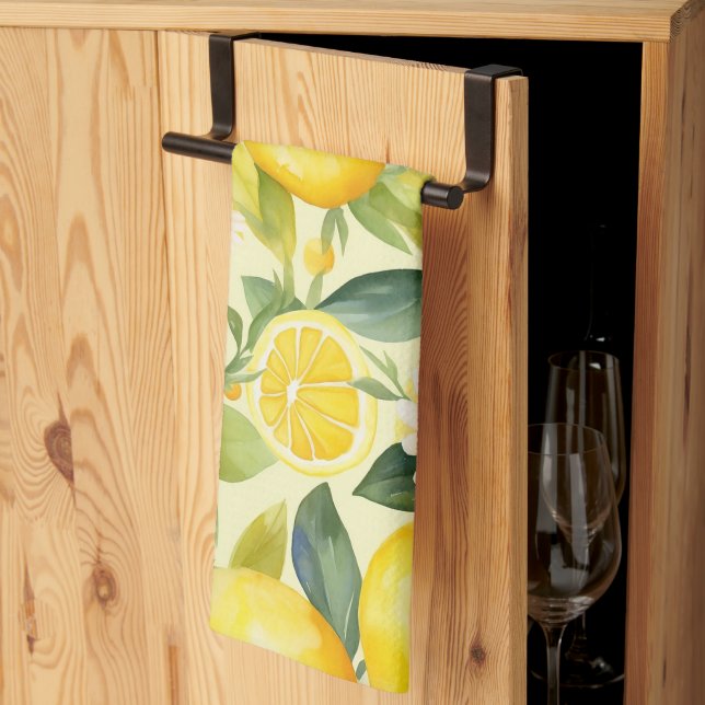 Lemon and Daisy Watercolor Pattern Tea Towel (Thirds Fold)