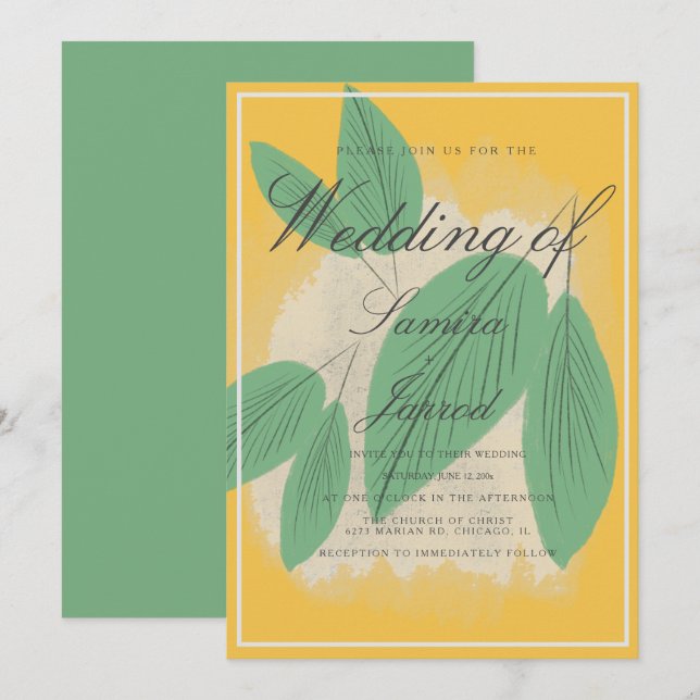 Lemon and Green Hand Drawn Leaf Botanical Wedding Invitation (Front/Back)