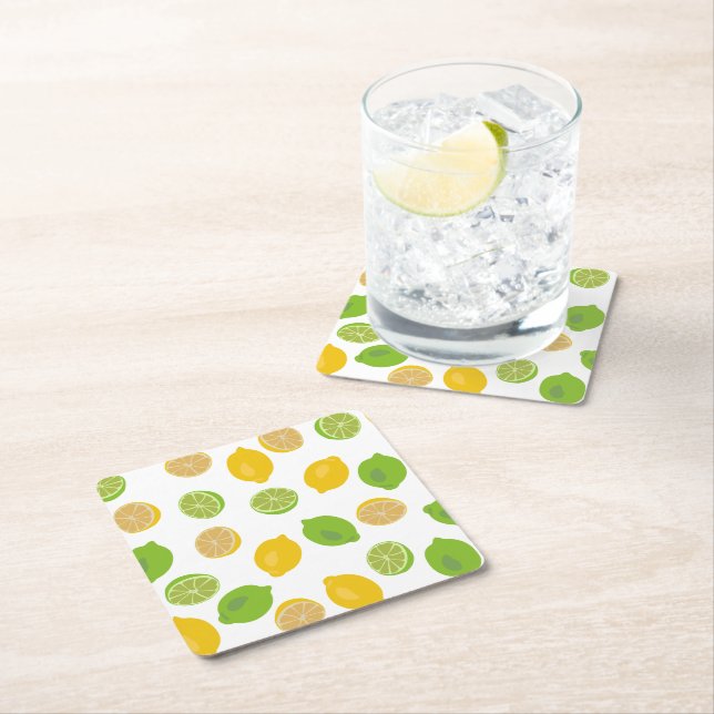 Lemon and Lime Pattern Square Paper Coaster (Insitu)