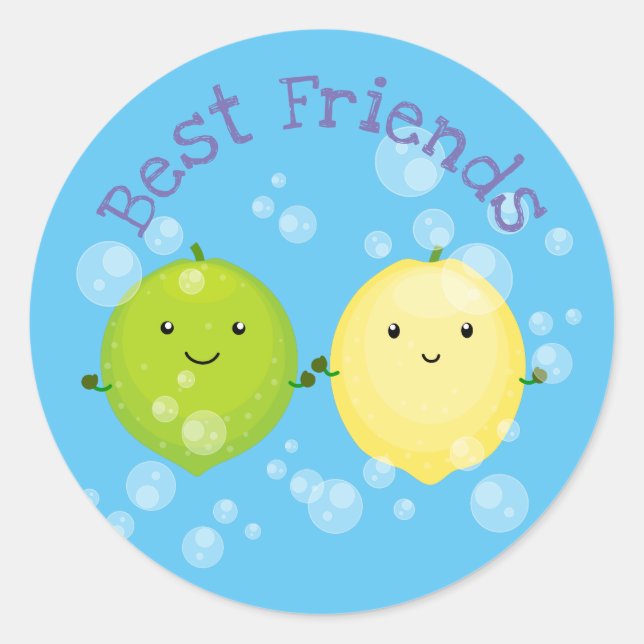 Lemon and lime with bubbles cartoon illustration classic round sticker (Front)