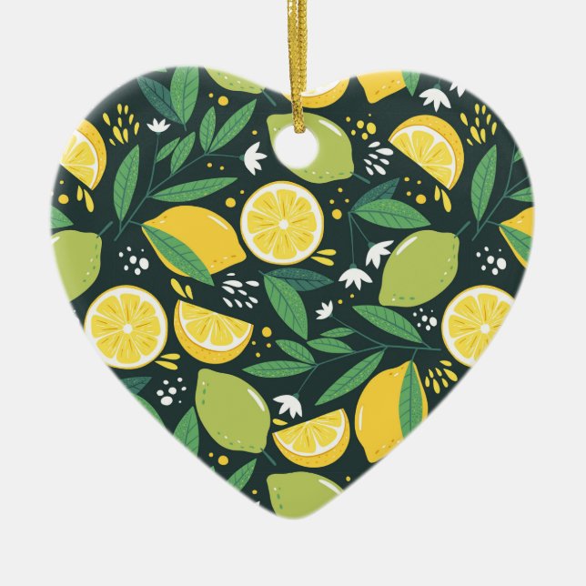 Lemon and Limes Fruit Pattern in Green and Yellow Ceramic Ornament (Front)