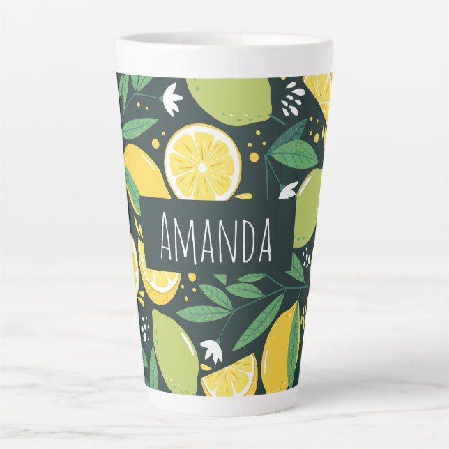 Lemon and Limes Fruit Pattern in Green and Yellow Latte Mug (Front)