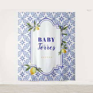 Lemon and Navy Bridal Shower Backdrop Tapestry