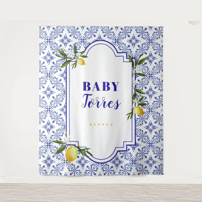 Lemon and Navy Bridal Shower Backdrop Tapestry (Front)