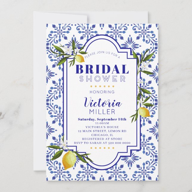Lemon and Navy Watercolor Bridal Shower Invitation (Front)