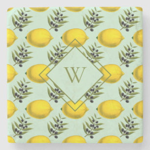 Lemon and olive pattern yellow and blue monogram stone coaster